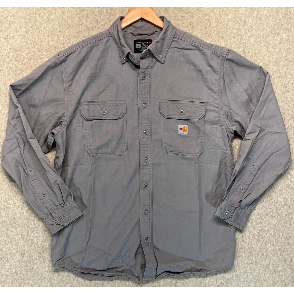 Carhartt Mens Flame Resistant Twill‎ Work Shirt Long Sleeve Gray Loose Fit L